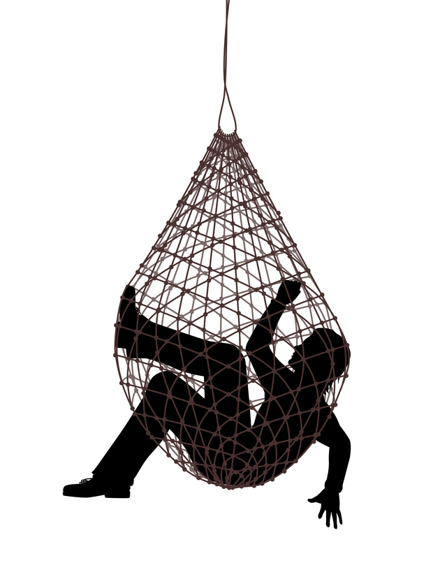 Editable vector illustration of a man caught in a net trap
