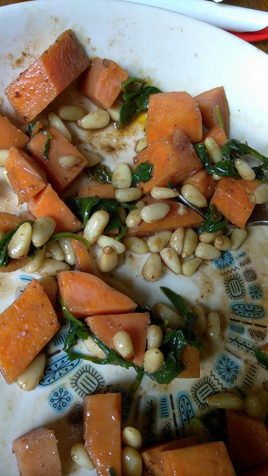 Balsamic Yams and Arugula with Pine Nuts. 