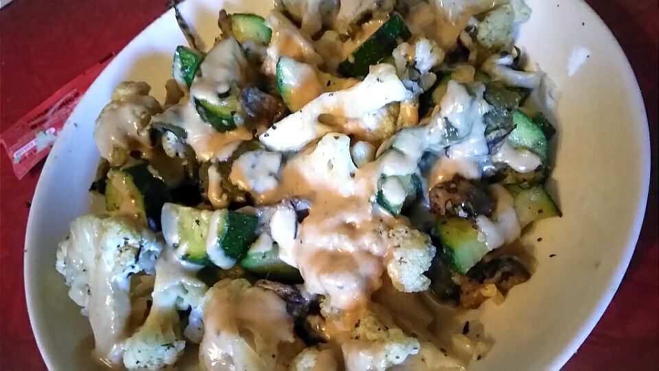 Mexican-Asian Veggie Stir-Fry with Roasted Garlic Tahini Sauce.