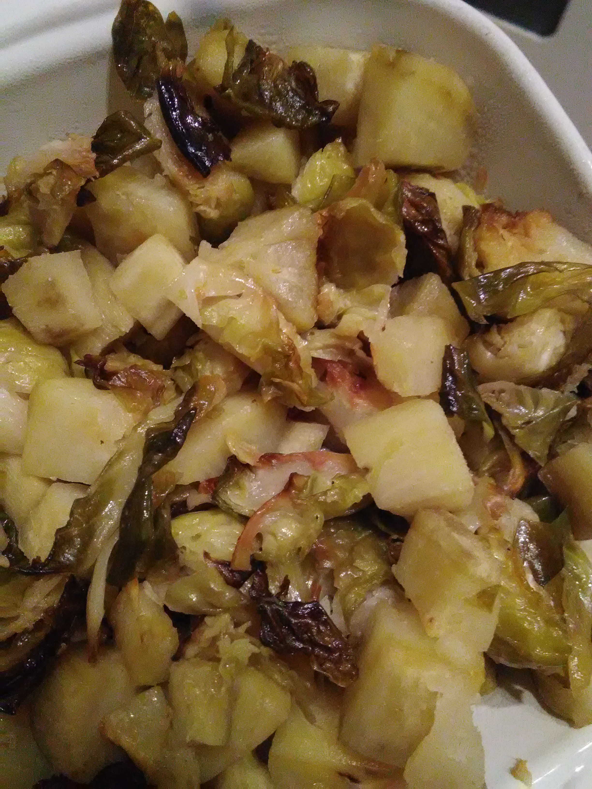Garlicky Brussels and Sweet Potatoes