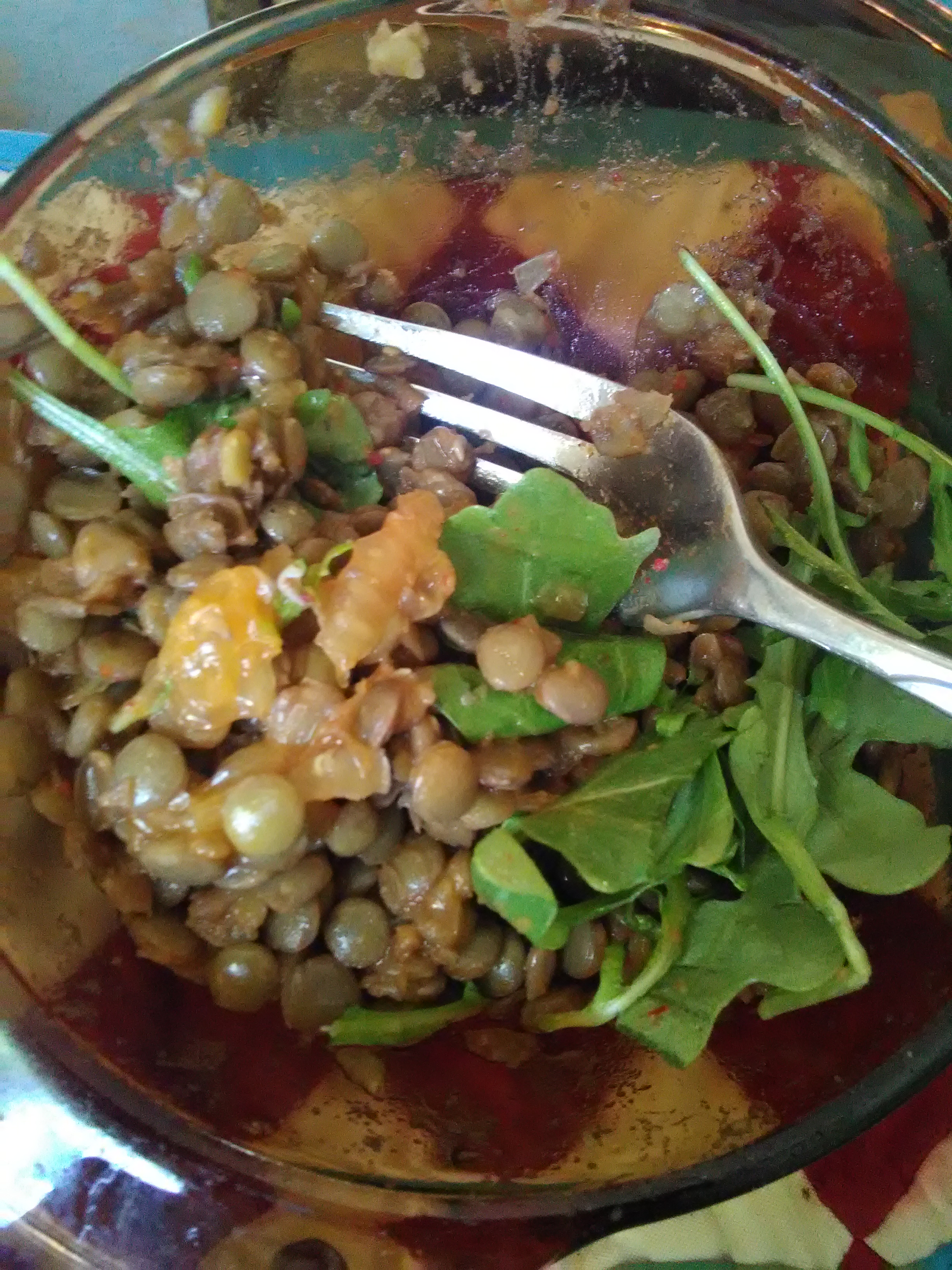 Spicy Sweet Breakfast Lentils with Arugula