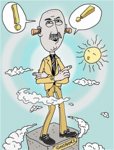 Stubborn cartoon man with earplugs in and arms crossed standing on a pedestal that says ignorance