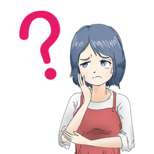 confused anime girl in overalls with question mark